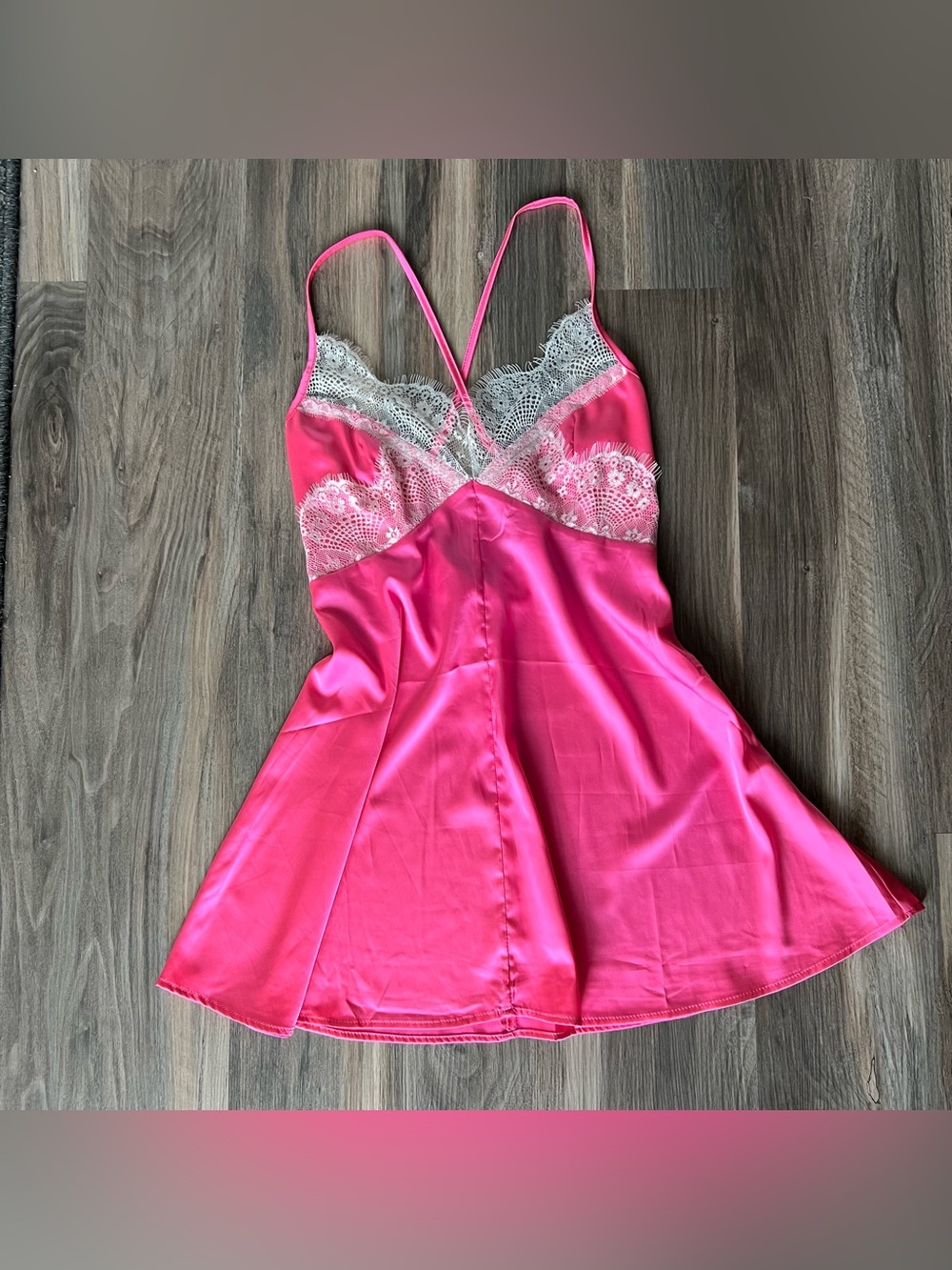 Oh Yes Hot Pink Satin Chemise with White Lace